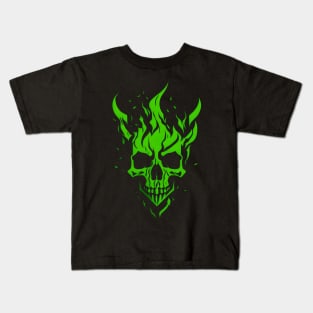 Abstract Minimalist Cool Symbol: Green Flaming Skull Kids T-Shirt